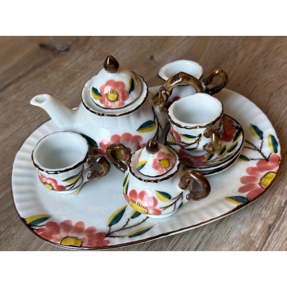 Vintage Miniature Bee Tea Set 10 Pc Crackle Glaze Floral Ceramic Tea Party Set